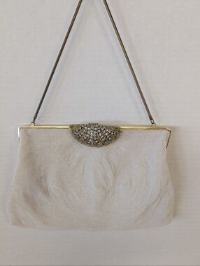 Vintage BAG I. MAGNIN Beaded Cream Evening Clutch with Rhinestone Accent